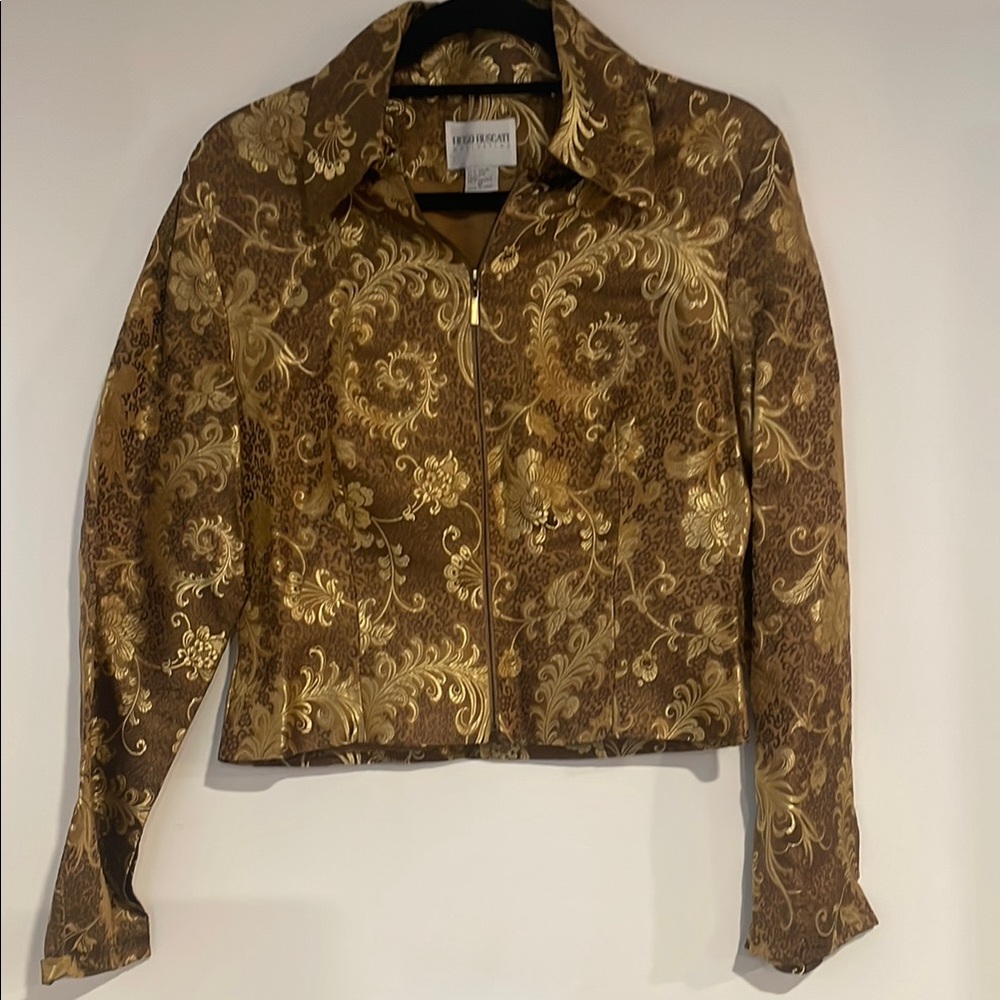 Hugo Buscati Women's Floral Gold and Brown Zip Blazer Sz M